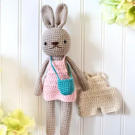 Crochet Doll Set (Dark Brown Bunny Light Pink Skirt White Pants)