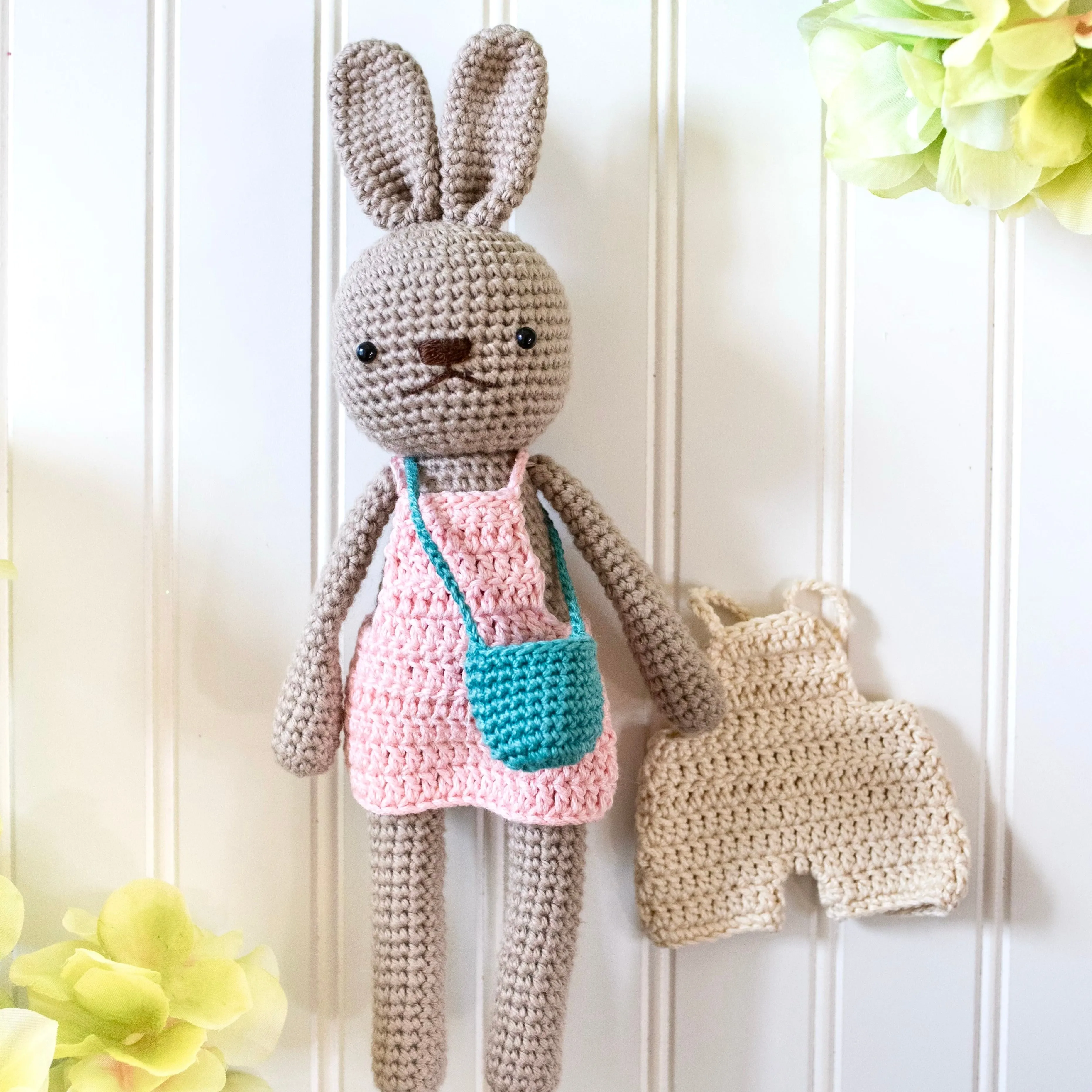 Crochet Doll Set (Dark Brown Bunny Light Pink Skirt White Pants)