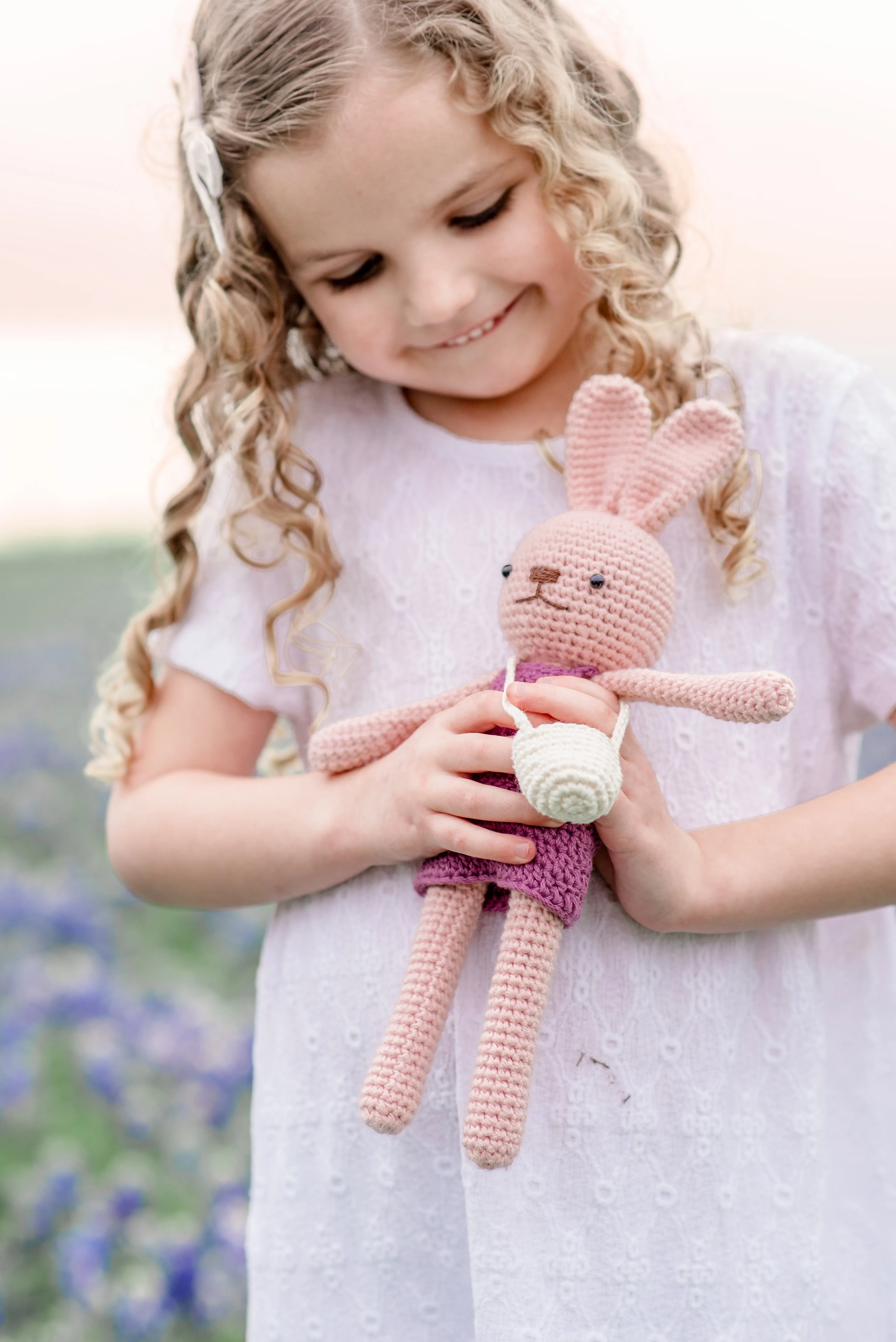 Crochet Doll Set (Dark Brown Bunny Light Pink Skirt White Pants)