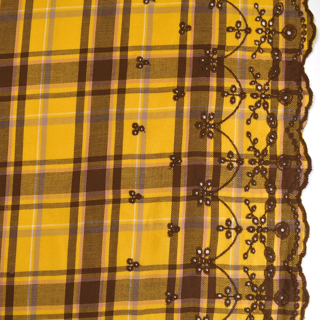 Double Border Embroidered Plaid Cotton Shirting Sunflower/Chocolate