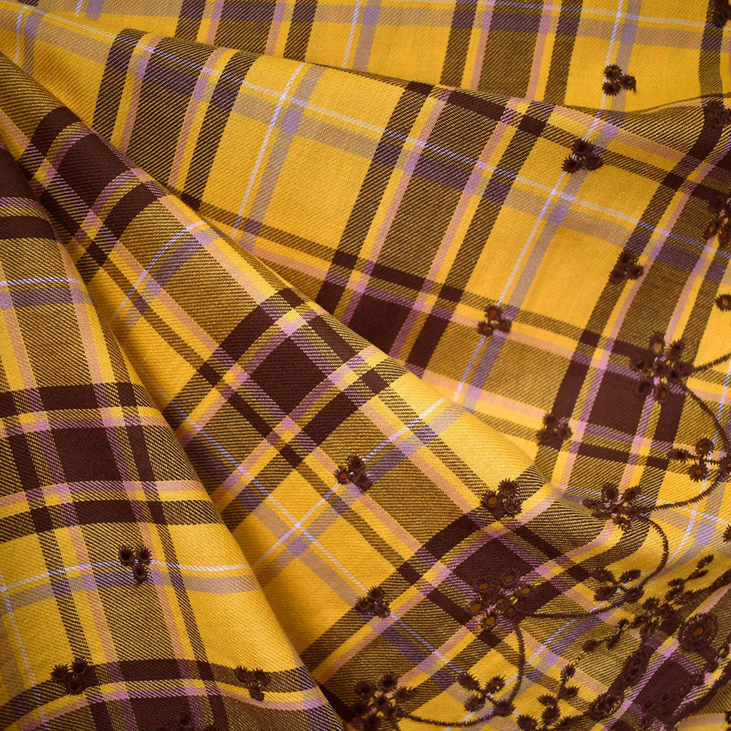 Double Border Embroidered Plaid Cotton Shirting Sunflower/Chocolate