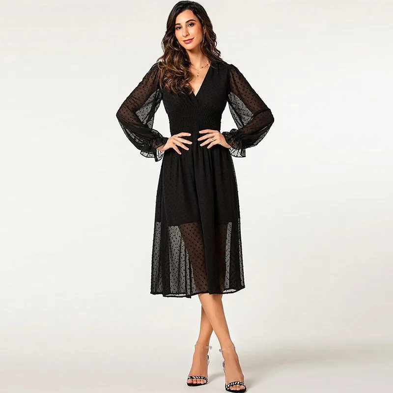 factory wholesale hot puff lantern long sleeve jacquard polka dot chiffon autumn dress ladies deep V neck trendy dress