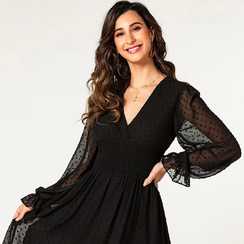 factory wholesale hot puff lantern long sleeve jacquard polka dot chiffon autumn dress ladies deep V neck trendy dress
