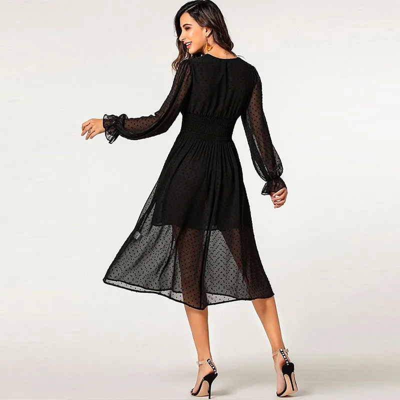 factory wholesale hot puff lantern long sleeve jacquard polka dot chiffon autumn dress ladies deep V neck trendy dress