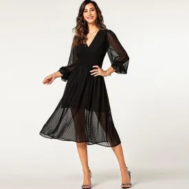 factory wholesale hot puff lantern long sleeve jacquard polka dot chiffon autumn dress ladies deep V neck trendy dress