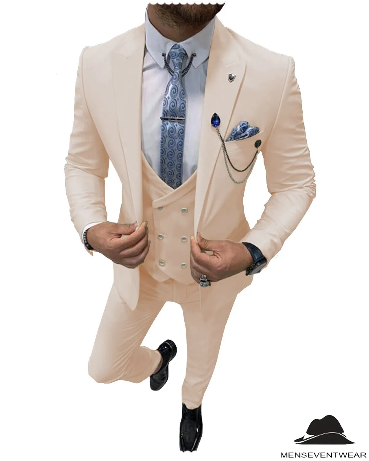Flat Peak Lapel 3 Pieces Mens Suit For Wedding (Blazer vest Pants)