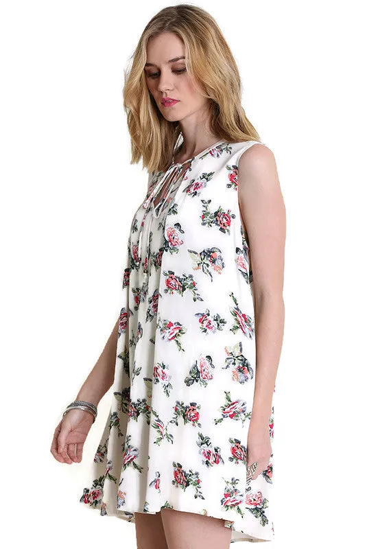 Floral Keyhole Sleeveless Dress, Ivory