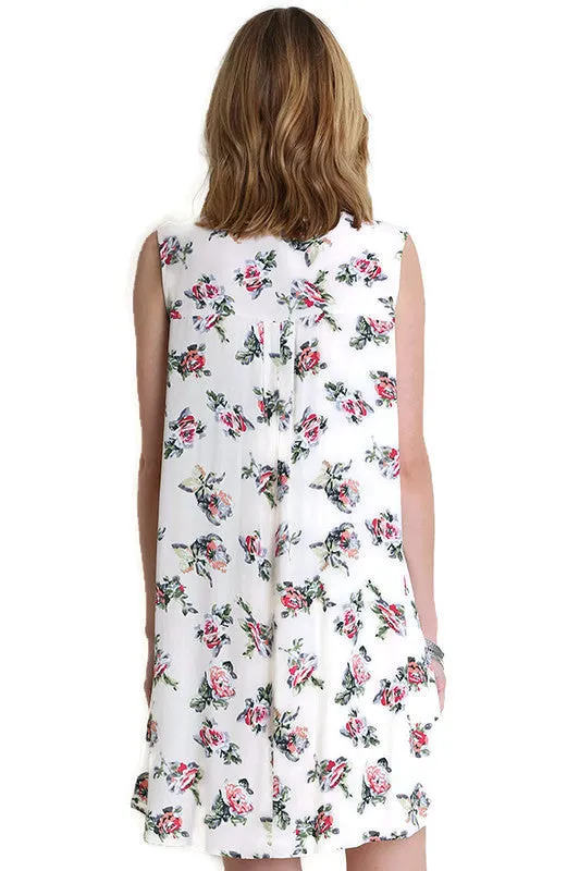 Floral Keyhole Sleeveless Dress, Ivory