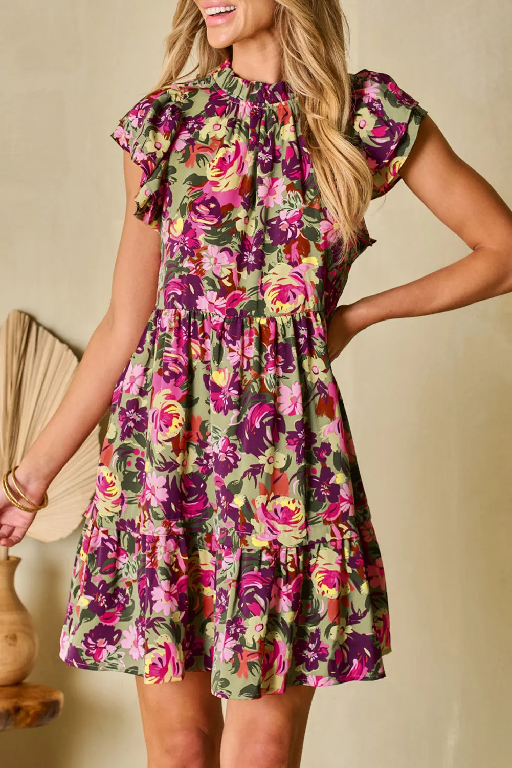 Flutter Sleeve Frilled Neck Mini Dresses