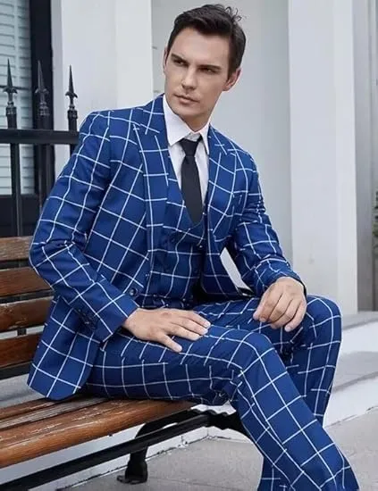 Formal Mens Suit 3 Pieces Plaid Peak Lapel Tuxedos (Blazer Vest Pants)