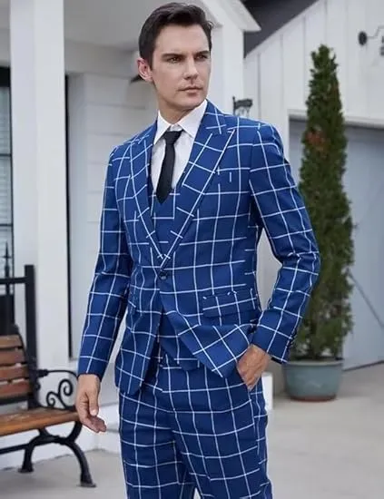 Formal Mens Suit 3 Pieces Plaid Peak Lapel Tuxedos (Blazer Vest Pants)