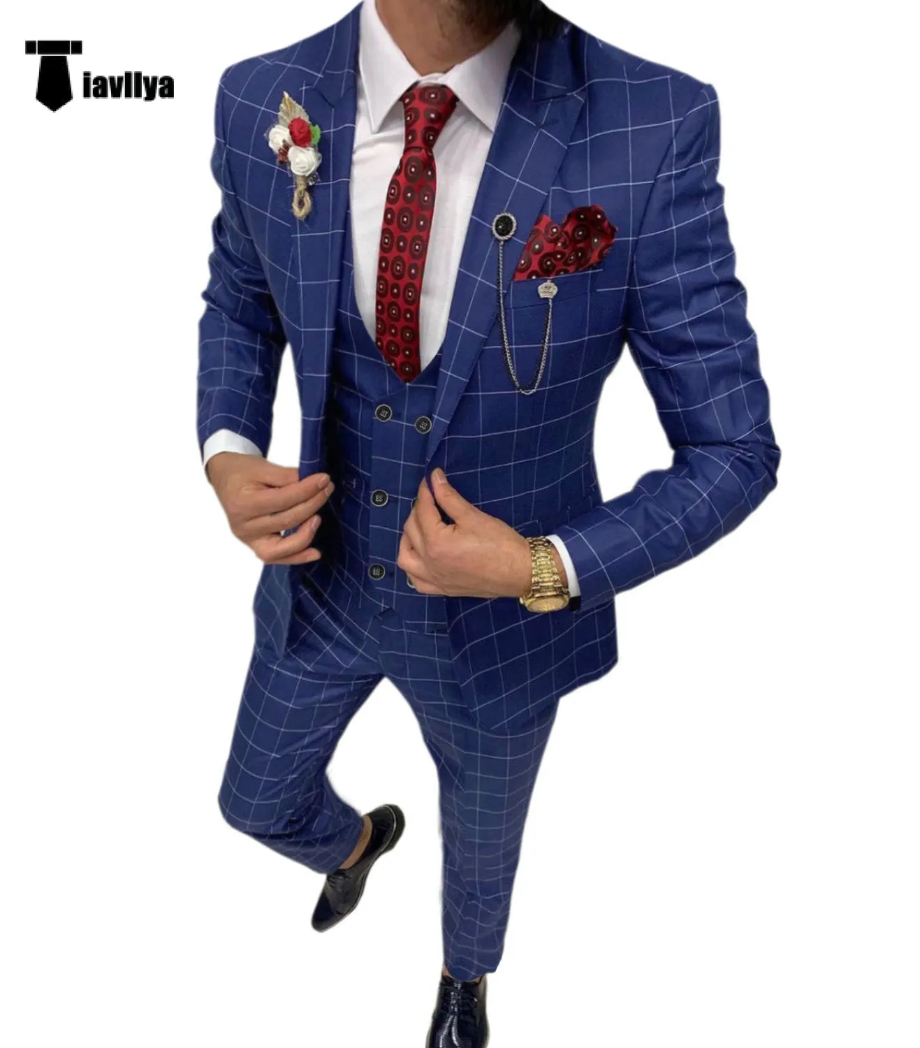 Formal Mens Suit 3 Pieces Plaid Peak Lapel Tuxedos (Blazer Vest Pants)