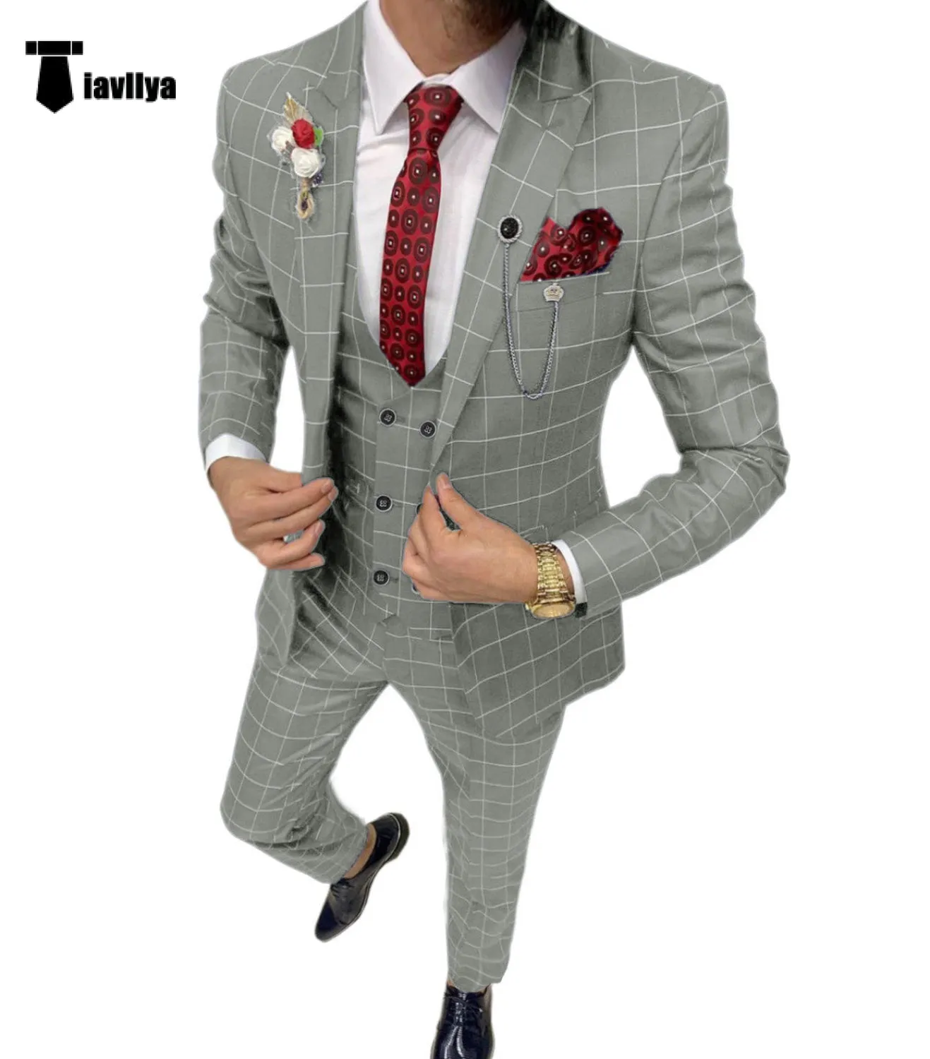 Formal Mens Suit 3 Pieces Plaid Peak Lapel Tuxedos (Blazer Vest Pants)