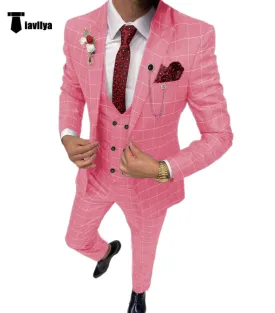Formal Mens Suit 3 Pieces Plaid Peak Lapel Tuxedos (Blazer Vest Pants)