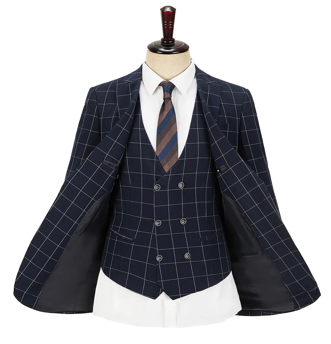 Formal Mens Suit 3 Pieces Plaid Peak Lapel Tuxedos (Blazer Vest Pants)