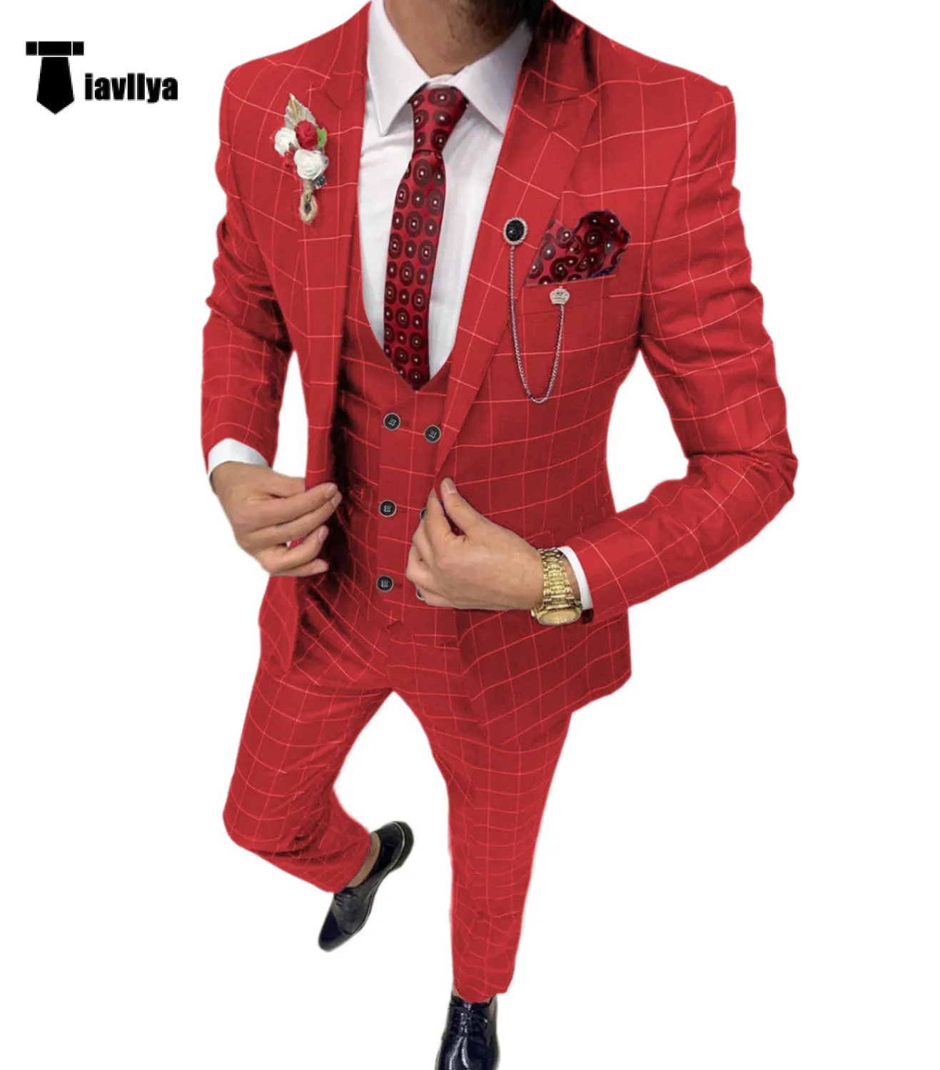 Formal Mens Suit 3 Pieces Plaid Peak Lapel Tuxedos (Blazer Vest Pants)