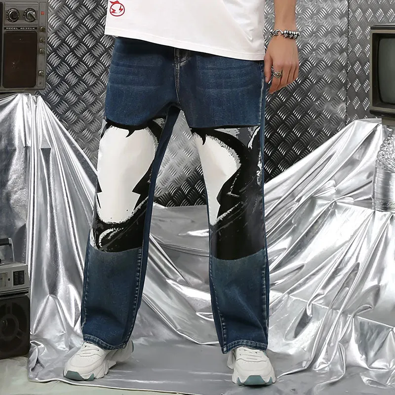 【GENANX2024NEW】Lightning Print cat beard loose straight wash dark blue jeans