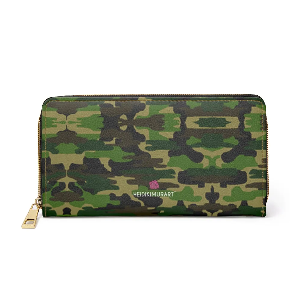 Green Camo Zipper Wallet, Camouflage Army Military Print Long Compact Designer Premium Quality Women's Wallet