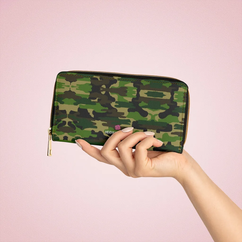 Green Camo Zipper Wallet, Camouflage Army Military Print Long Compact Designer Premium Quality Women's Wallet