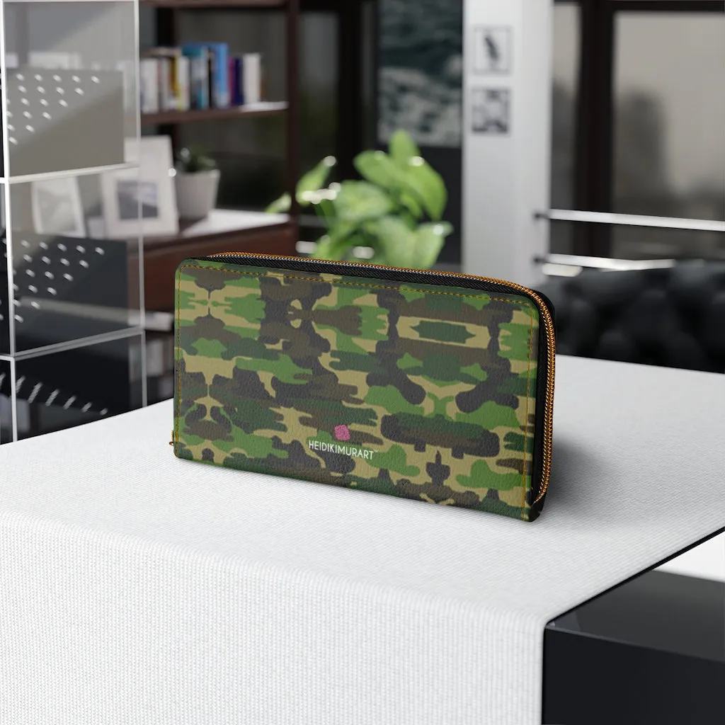 Green Camo Zipper Wallet, Camouflage Army Military Print Long Compact Designer Premium Quality Women's Wallet