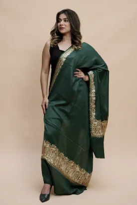Green Colour Semi Pashmina Shawl Enriched With Ethnic Heavy Golden Tilla Embroidery With Running border