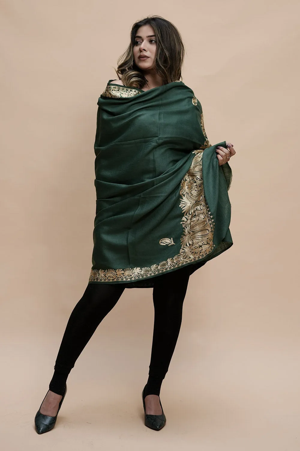 Green Colour Semi Pashmina Shawl Enriched With Ethnic Heavy Golden Tilla Embroidery With Running border