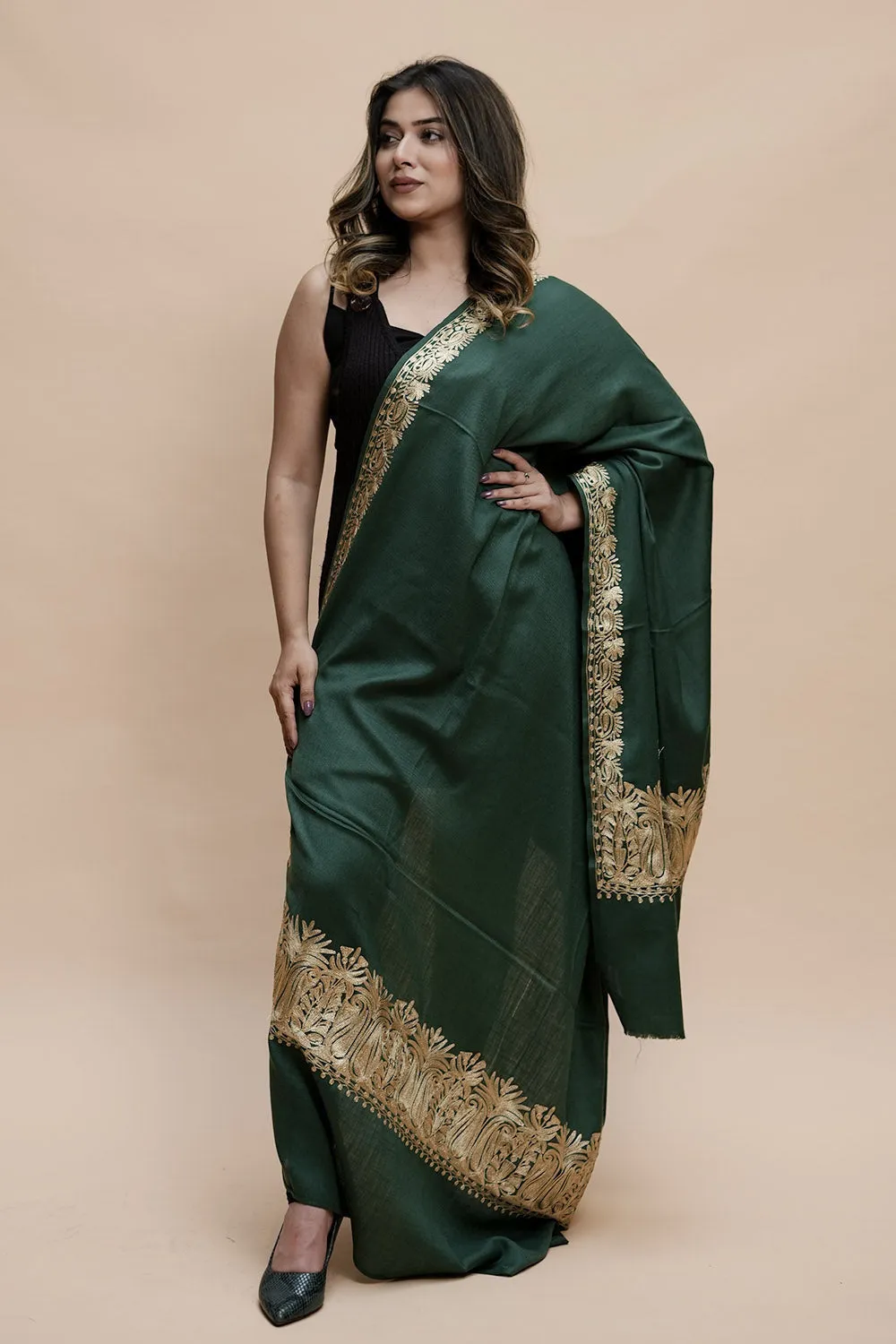 Green Colour Semi Pashmina Shawl Enriched With Ethnic Heavy Golden Tilla Embroidery With Running border