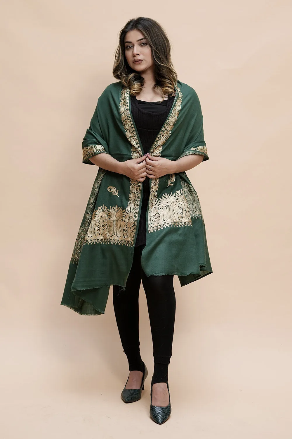 Green Colour Semi Pashmina Shawl Enriched With Ethnic Heavy Golden Tilla Embroidery With Running border