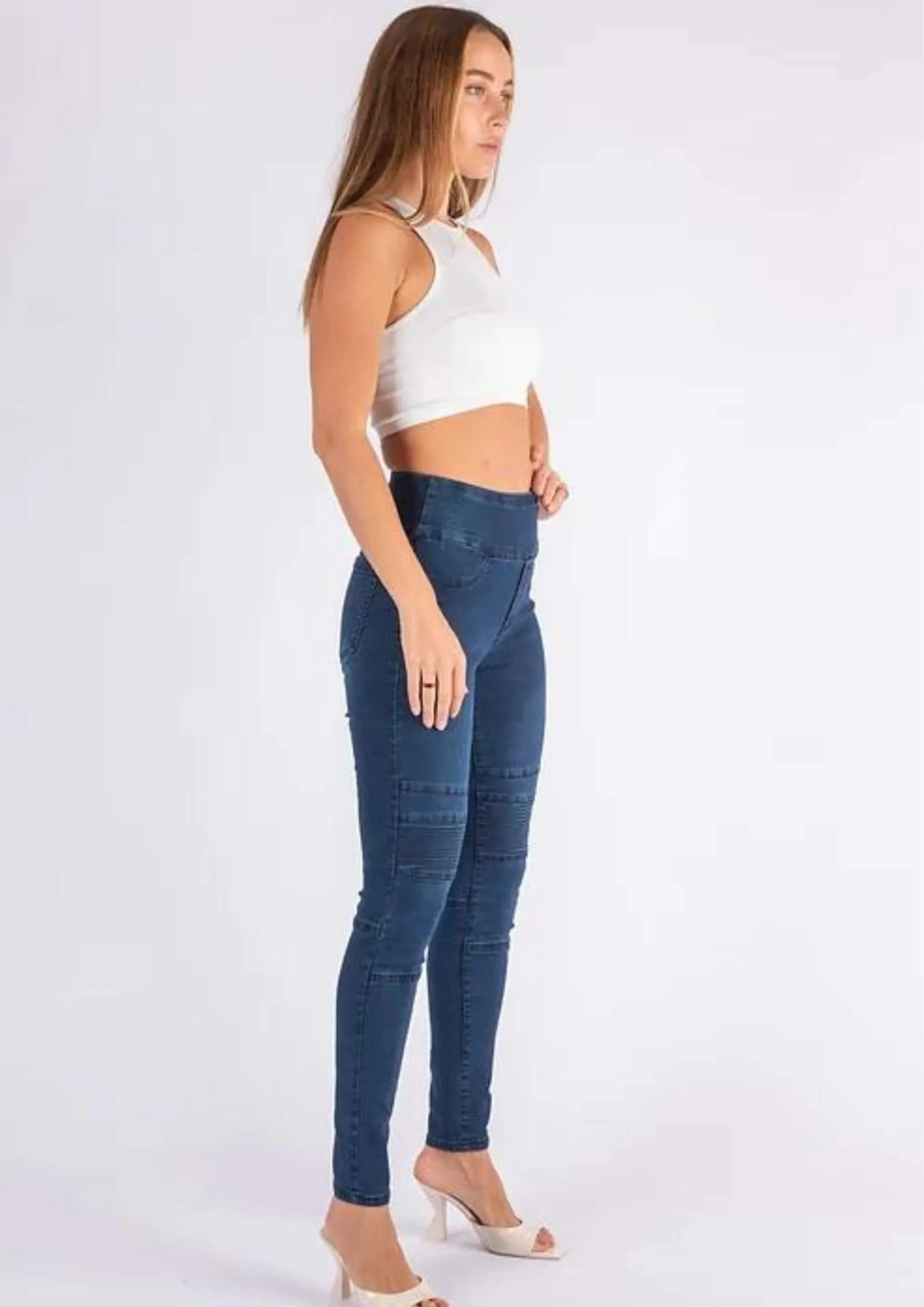 High Waist Pull On Stretch Denim Jeans in Dark Blue by Wakee
