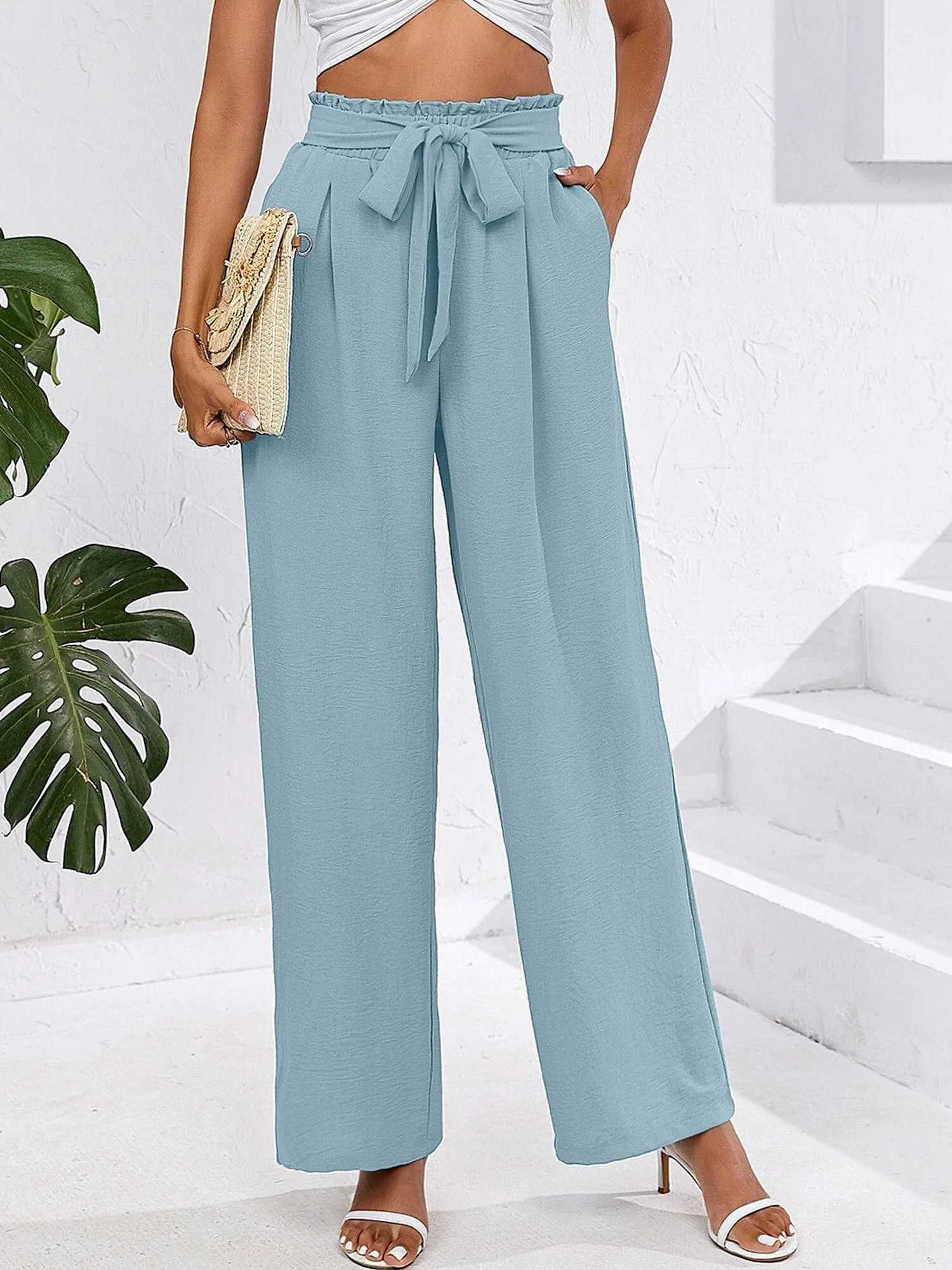 High Waist Wide Leg Palazzo Pants with Pockets with Loose Belt and super Flowy