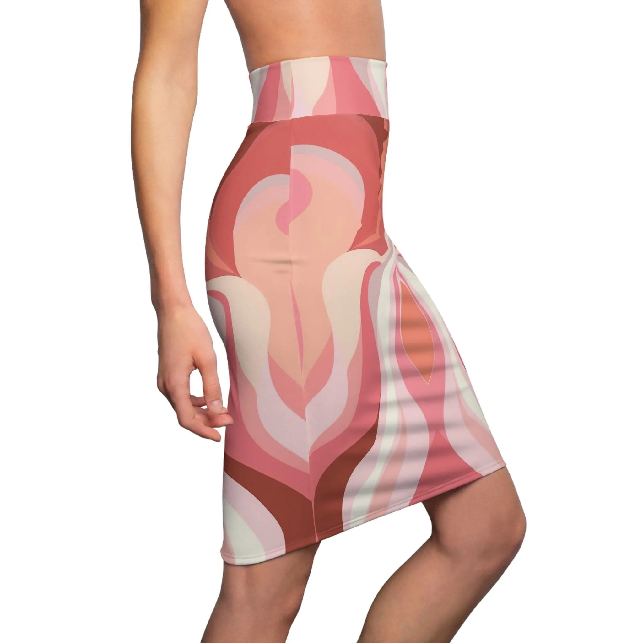 High Waist Womens Pencil Skirt - Contour Stretch - Boho Pink and White Contemporary Art Lined Pattern