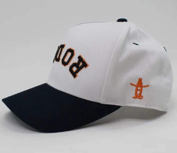 Houston Livestock & Rodeo | Custom Rodeo 100% Cotton Pre-curved Snapbacks (White/Navy two-tone)