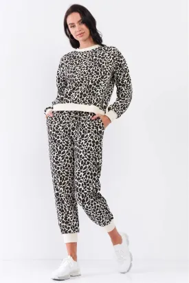 Ivory & Black Leopard Oversized Rib Cuff Round Neck Long Sleeve Top High Waisted Jogger Pants Set /3-2-1