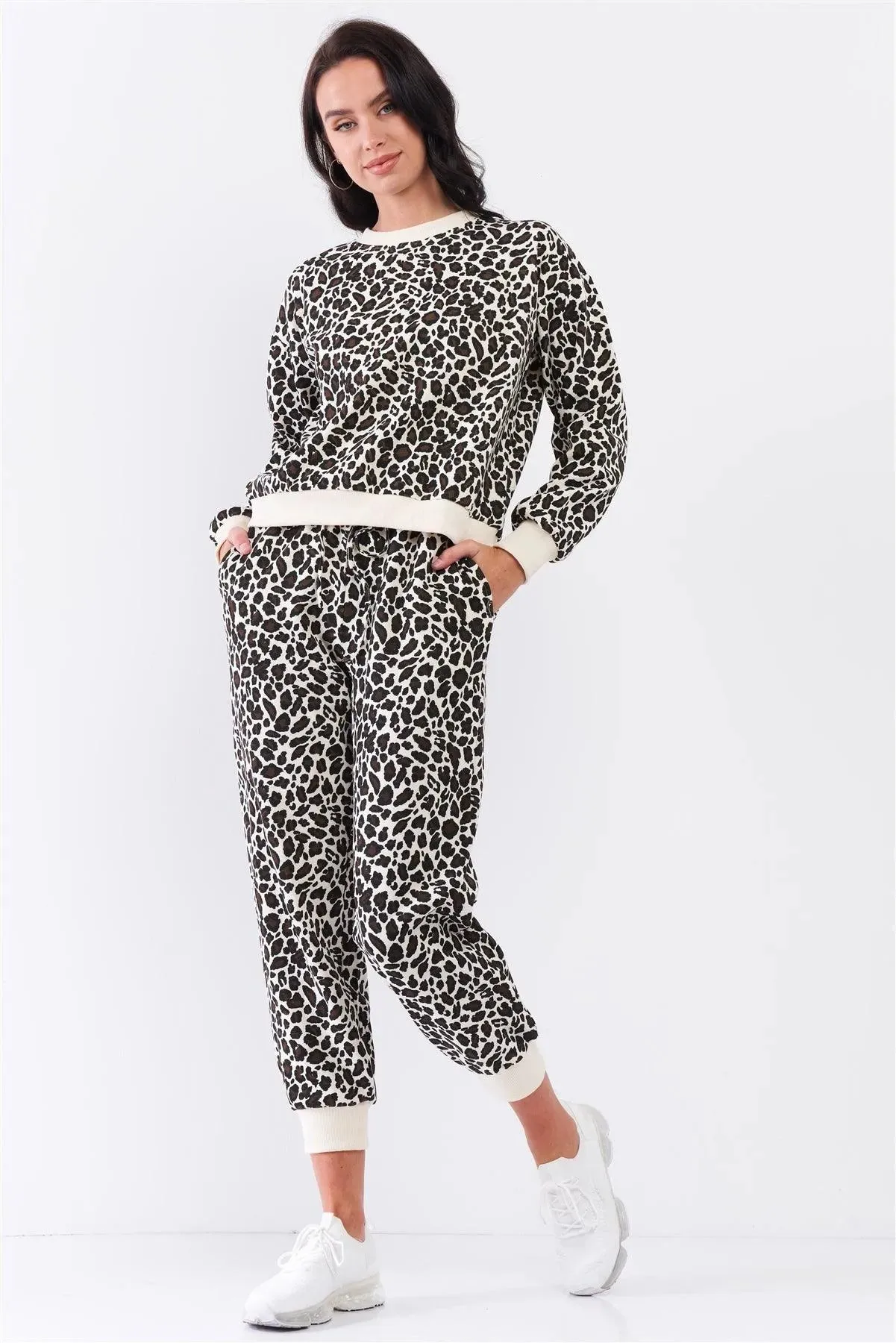 Ivory & Black Leopard Oversized Rib Cuff Round Neck Long Sleeve Top High Waisted Jogger Pants Set /3-2-1