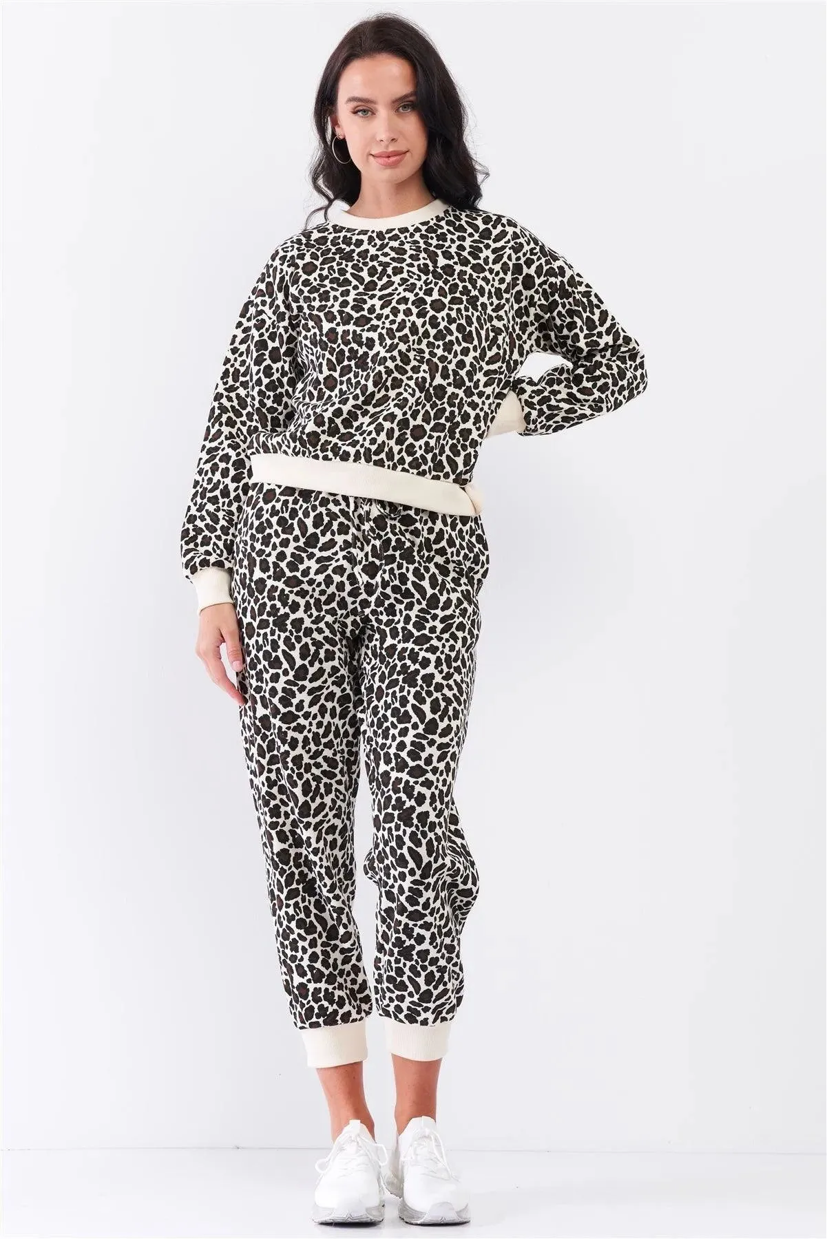 Ivory & Black Leopard Oversized Rib Cuff Round Neck Long Sleeve Top High Waisted Jogger Pants Set /3-2-1