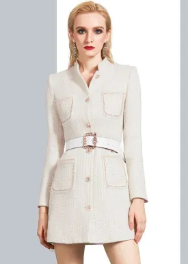 Ivory Stand Collar Belted Tweed Coat