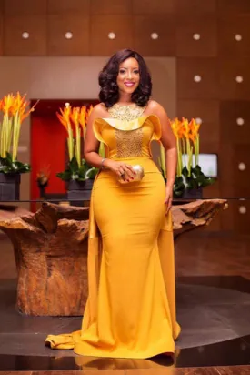 Kateprom Elegant Yellow Beaded Mermaid Evening Dresses, African Attire Dresses KPP1350