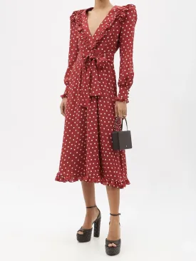 Long Sleeve Deep V Neck Waist Tie Gathered Polka-dot Midi Casual Dress