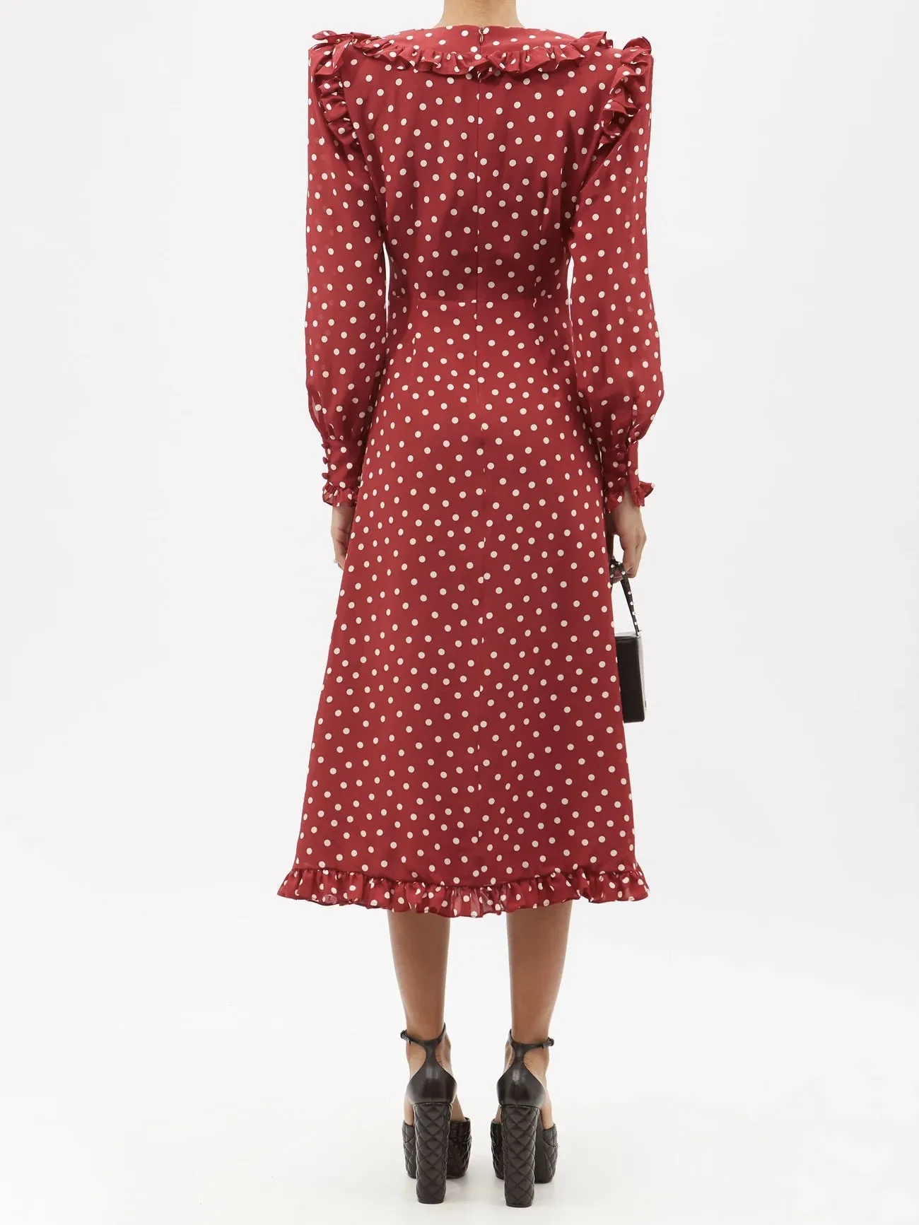 Long Sleeve Deep V Neck Waist Tie Gathered Polka-dot Midi Casual Dress