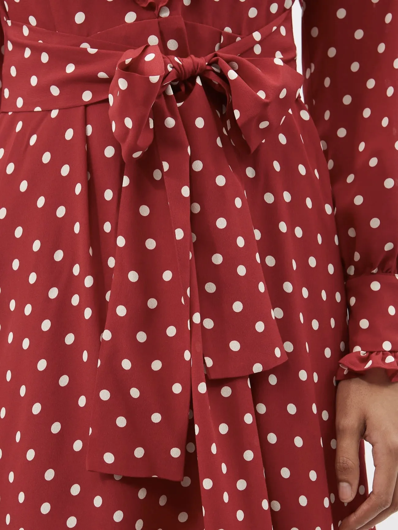 Long Sleeve Deep V Neck Waist Tie Gathered Polka-dot Midi Casual Dress