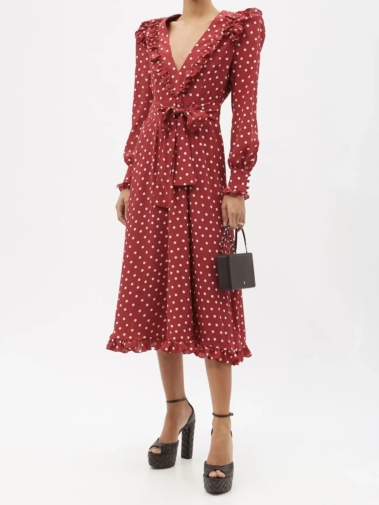 Long Sleeve Deep V Neck Waist Tie Gathered Polka-dot Midi Casual Dress