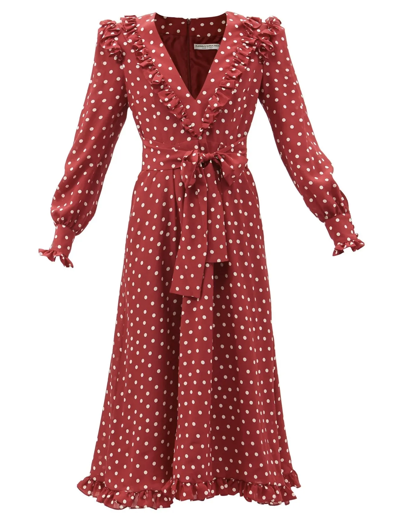 Long Sleeve Deep V Neck Waist Tie Gathered Polka-dot Midi Casual Dress