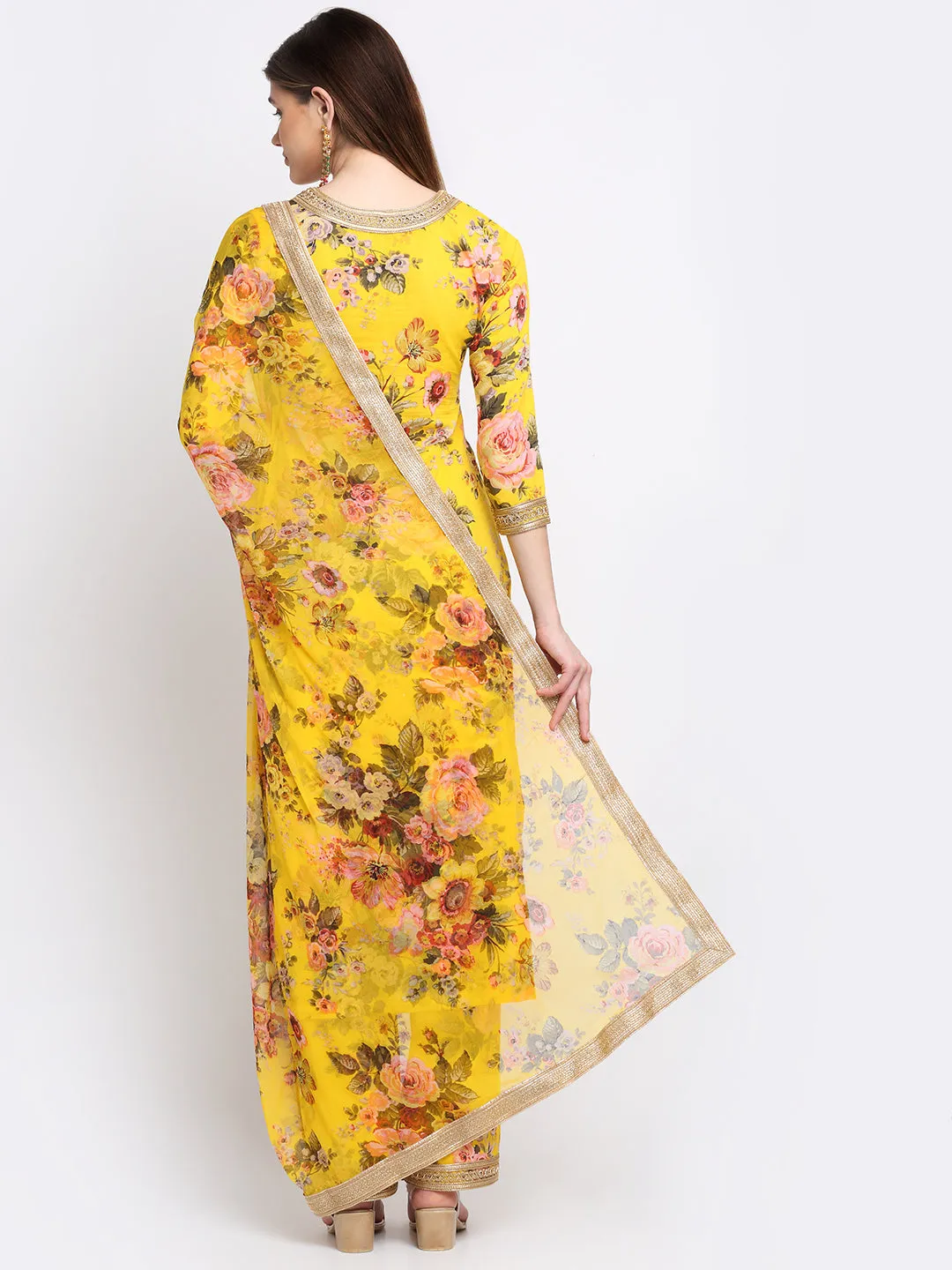 Mustard Floral Kurti with Straight Palazzo and Dupatta