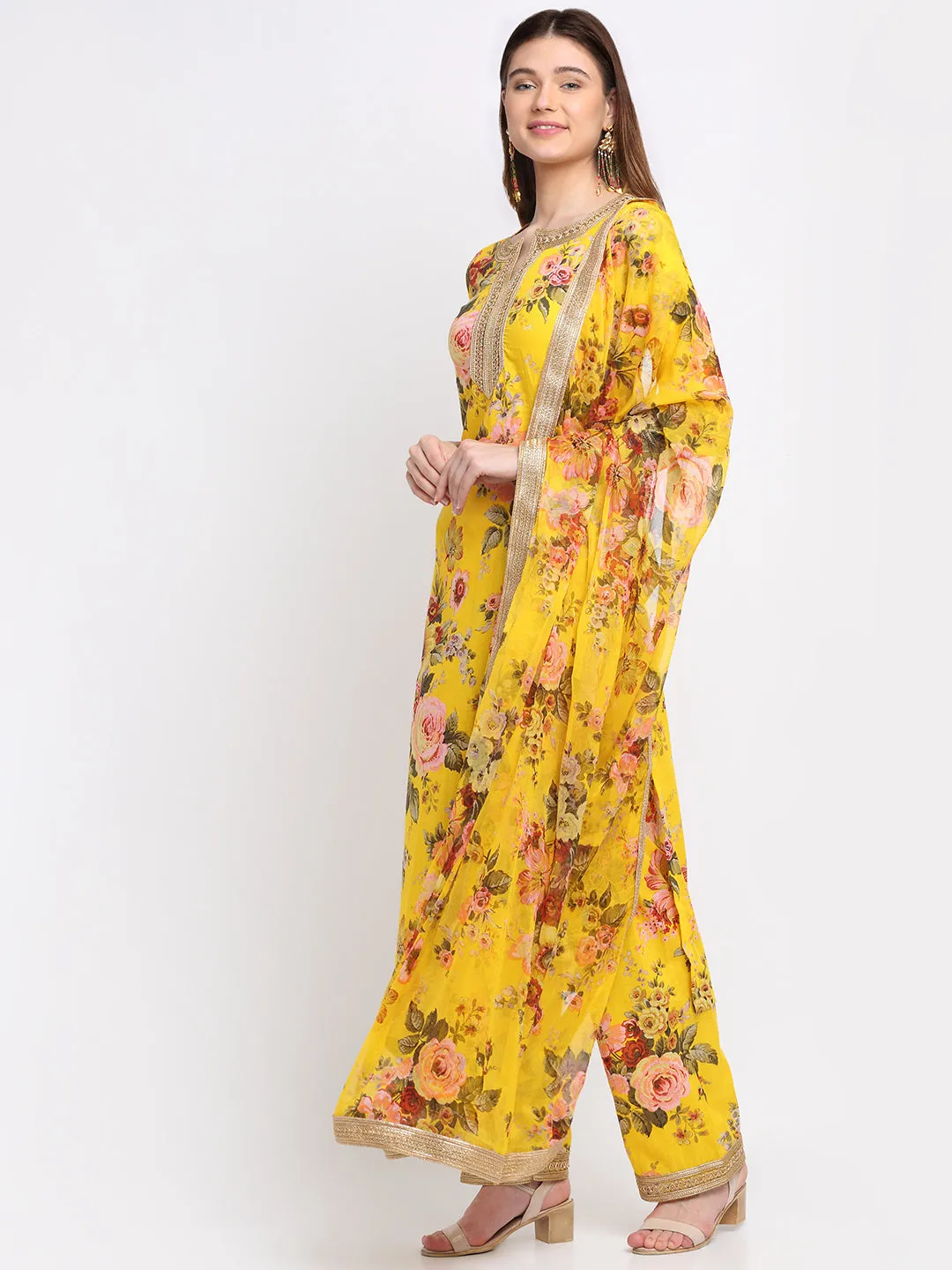 Mustard Floral Kurti with Straight Palazzo and Dupatta