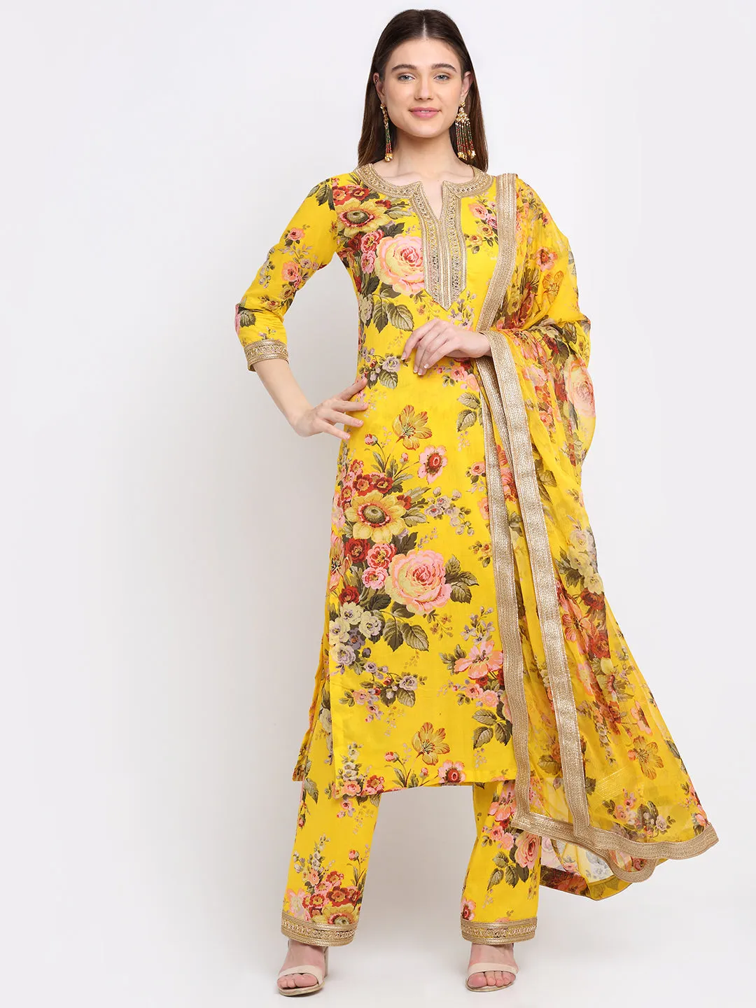 Mustard Floral Kurti with Straight Palazzo and Dupatta