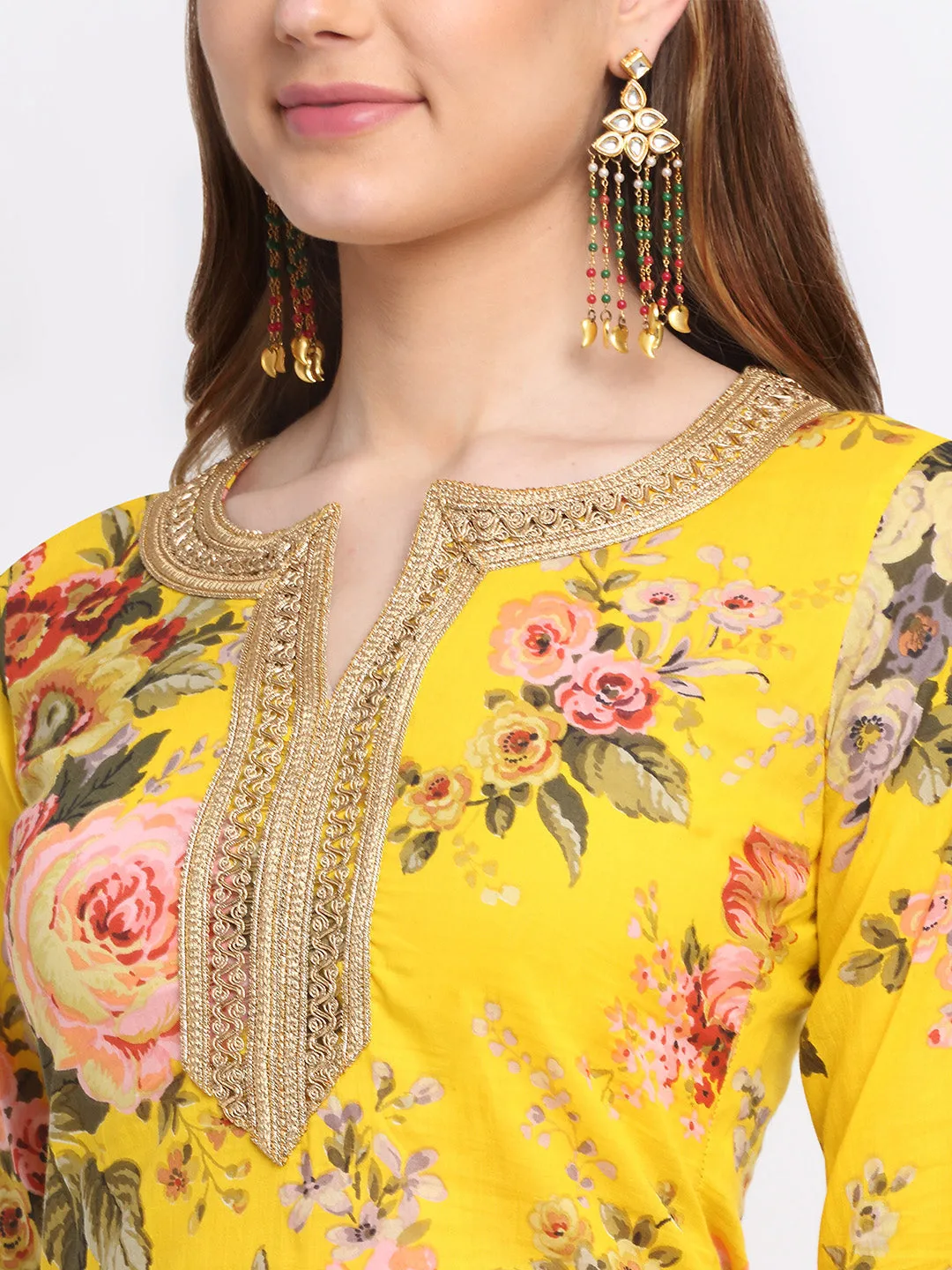 Mustard Floral Kurti with Straight Palazzo and Dupatta