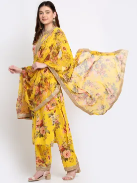 Mustard Floral Kurti with Straight Palazzo and Dupatta
