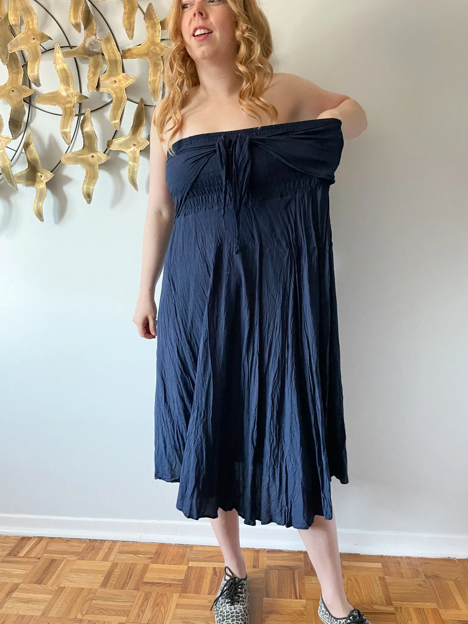 Navy Blue Strapless Tie Front Midi Dress - Small