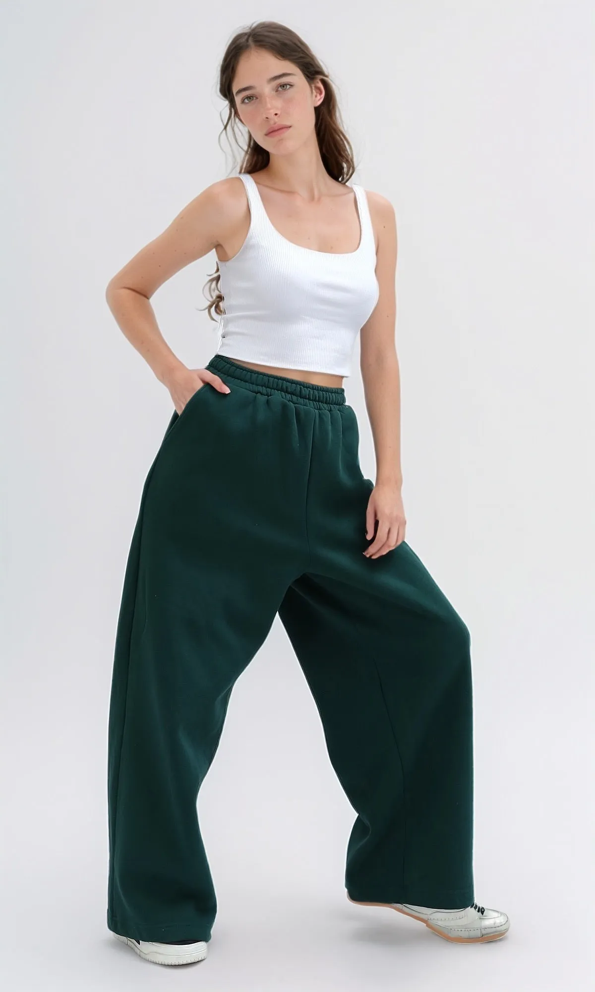 O199242 Elastic Waist Wide Leg Cotton Joggers - Dark Green