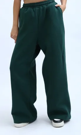 O199242 Elastic Waist Wide Leg Cotton Joggers - Dark Green